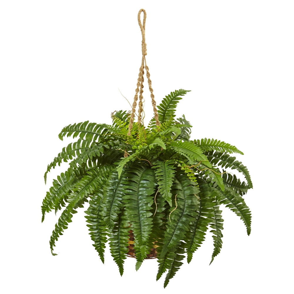 Nearly Natural 33inH Polyester Boston Fern With Hanging Basket, Green