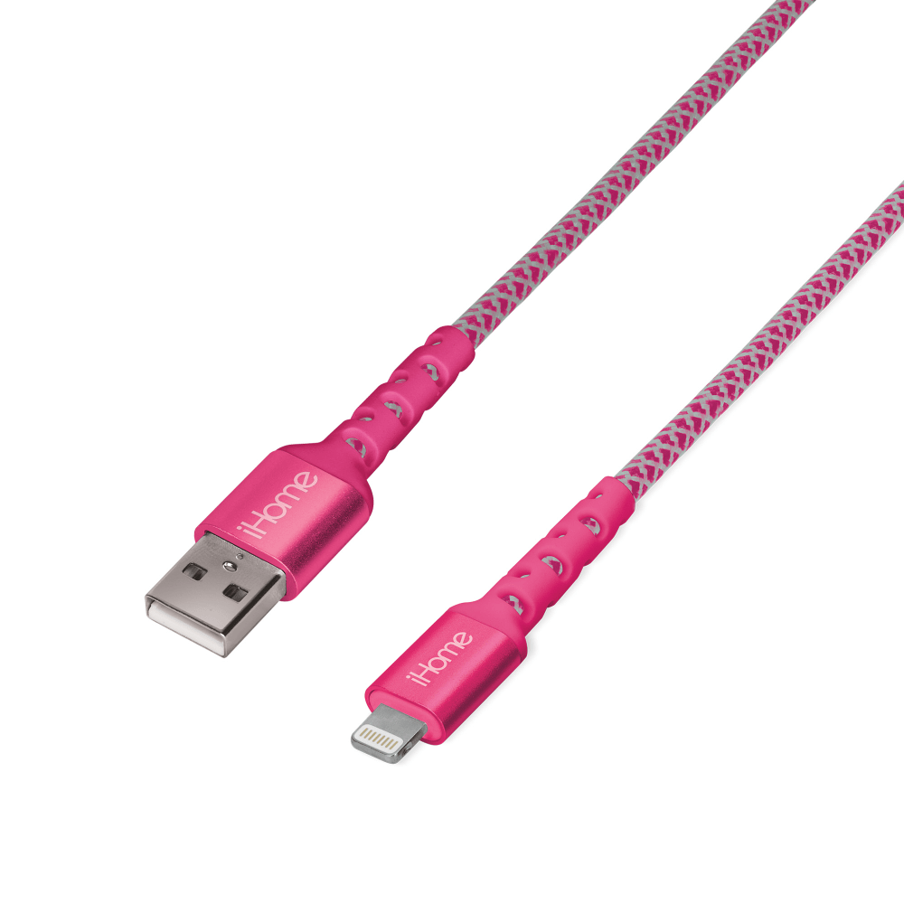 iHome Nylon Braided Lightning To USB-A Cable, 10ft, Pink