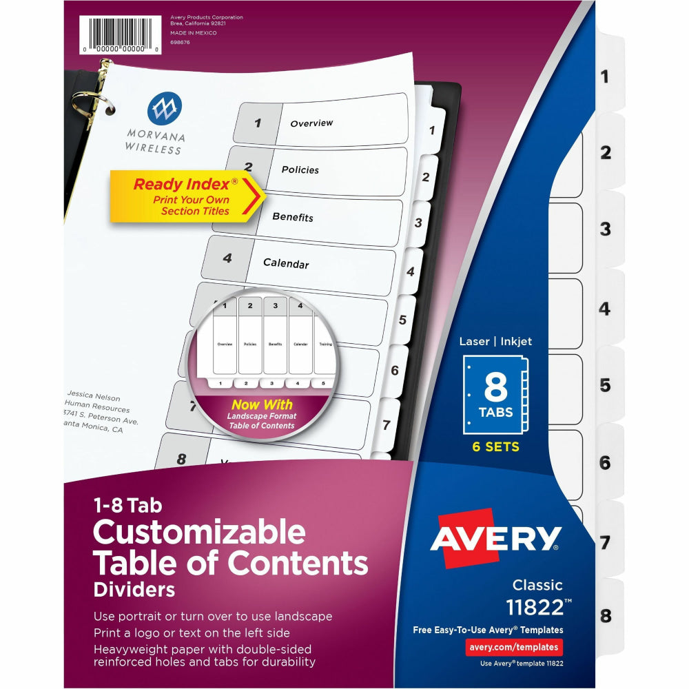 Avery Ready Index Binder Dividers, 8-1/2in x 11, White, 8 Dividers Per Set, Pack Of 6 Sets