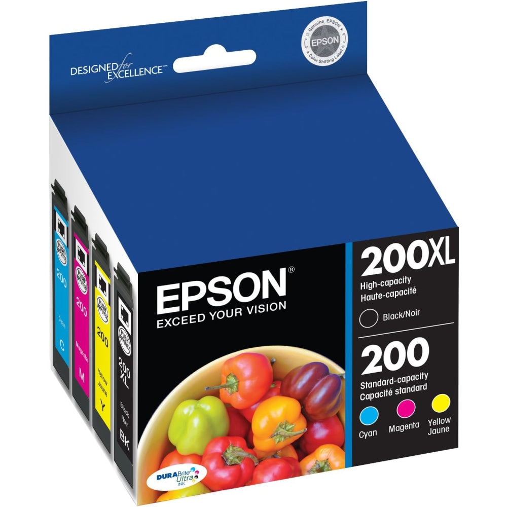 Epson 200XL Black/200 DuraBrite Cyan; Magenta; Yellow High-Yield/Standard Yield Ink Cartridges, Pack Of 4, T200XL-BCS