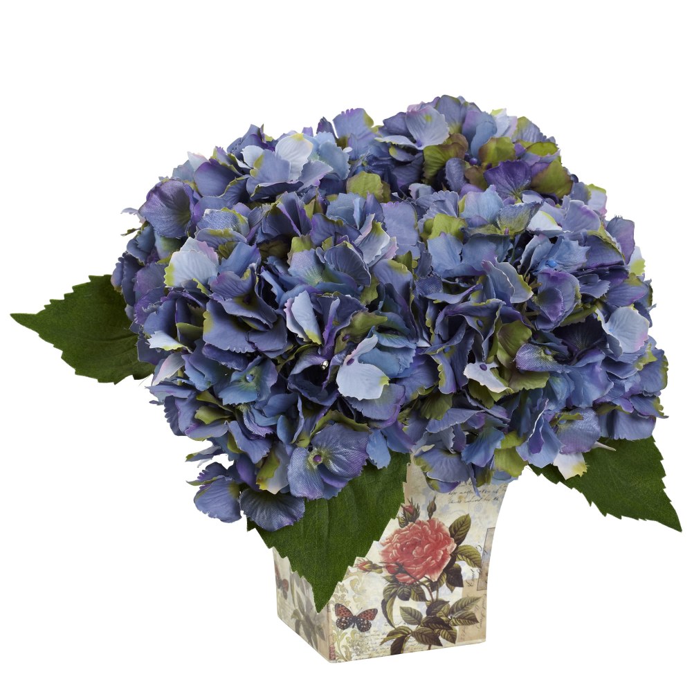 Nearly Natural Hydrangea Silk 9inH Plastic Floral Arrangement With Planter, 9inH x 11inW x 11inD, Blue