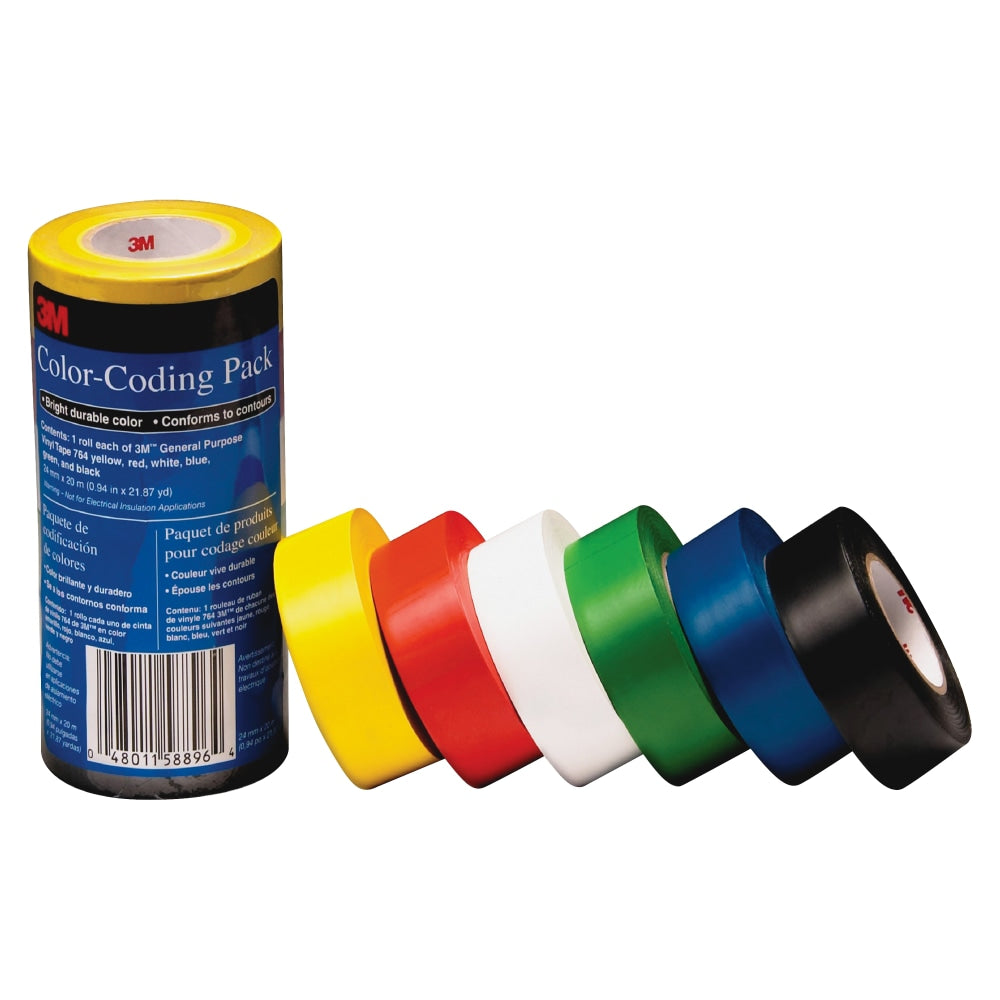 3M Vinyl Tape 764 Color-coding Pack - 21.87 yd Length x 0.94in Width - 5 mil Thickness - Rubber - 4 mil - Polyvinyl Chloride (PVC) Backing - 6 / Pack - Multicolor