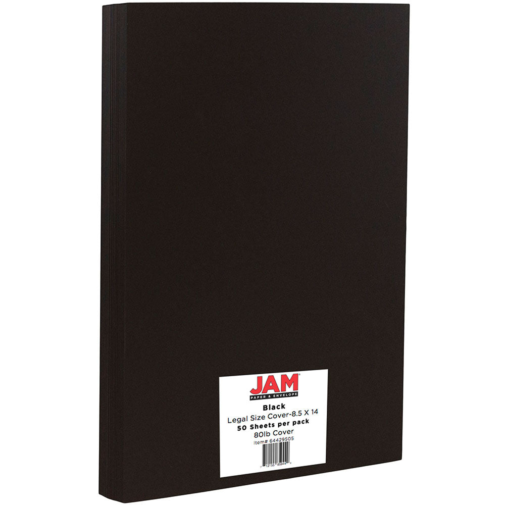 JAM Paper Card Stock, Black, Legal (8.5in x 14in), 80 Lb, Pack Of 50