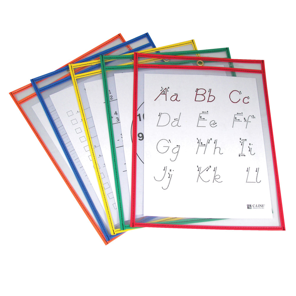 C Line Reusable Dry-Erase Pockets, 9in x 12in, Assorted Primary Colors, Pack Of 25