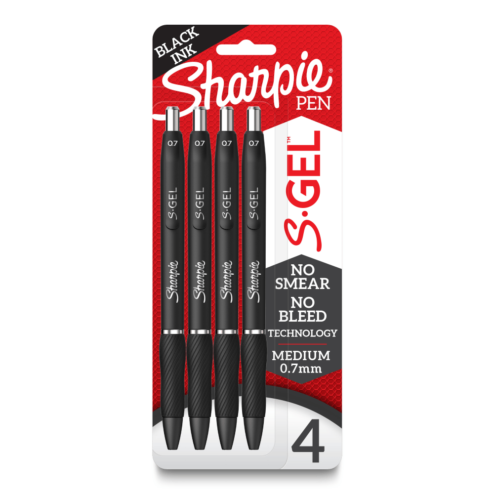 Sharpie S Gel Pens, Medium Point, 0.7 mm, Black Barrel, Black Ink, Pack Of 4 Pens