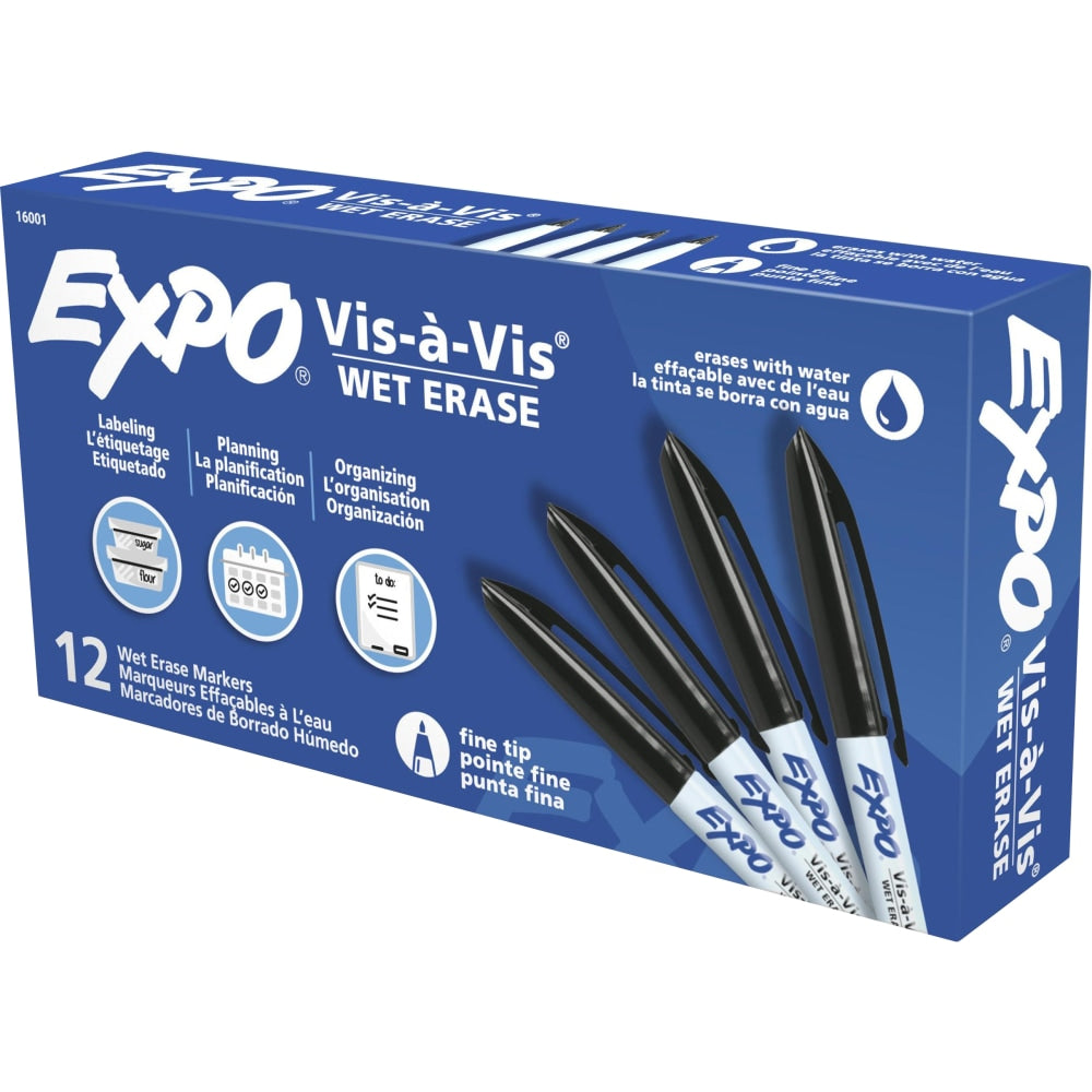 EXPO Vis-a-Vis Wet-Erase Fine-Tip Markers, Black, Box Of 12