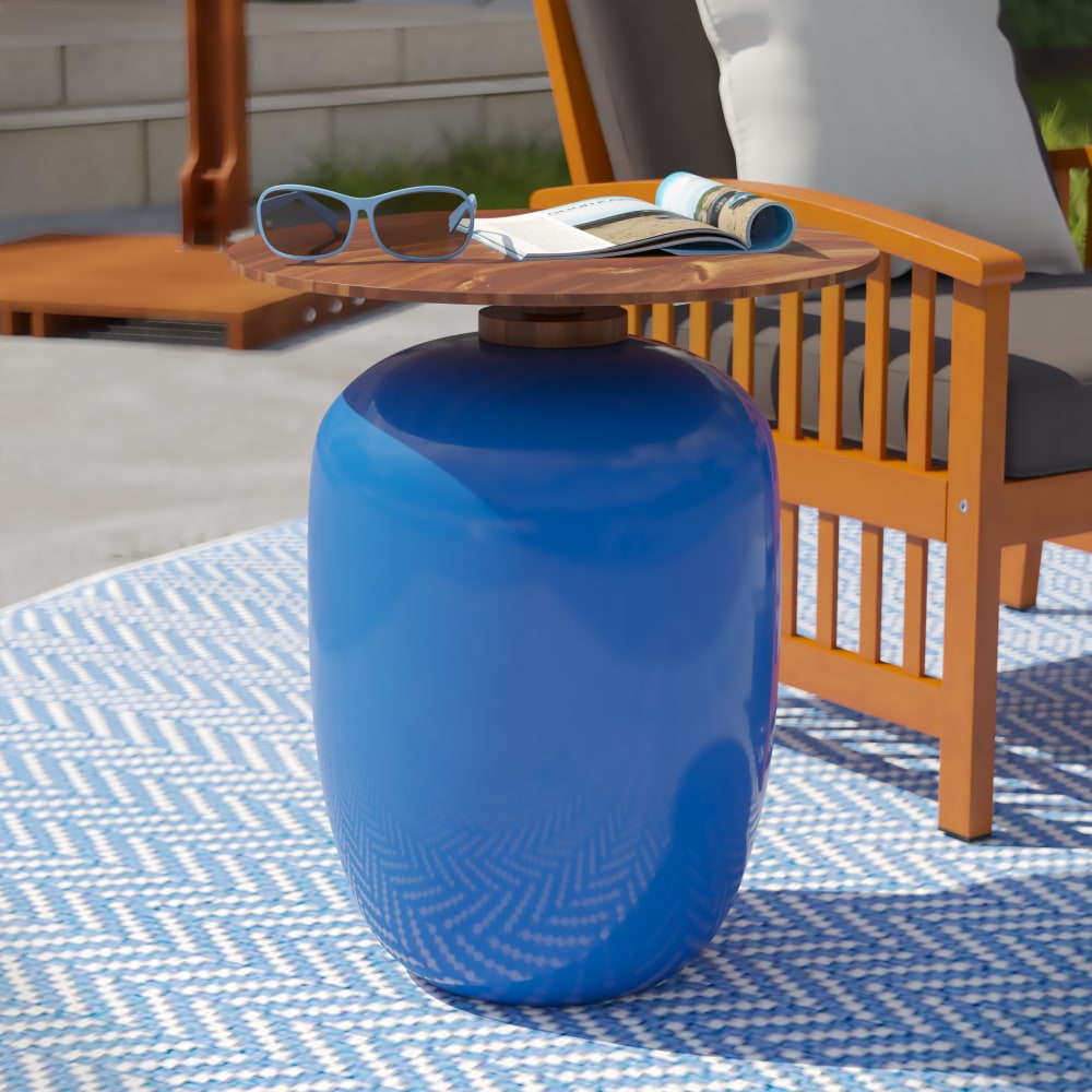 SEI Kenova Round Outdoor Accent Table, 21inH x 17-3/4inW x 17-3/4inD, Acacia/Blue