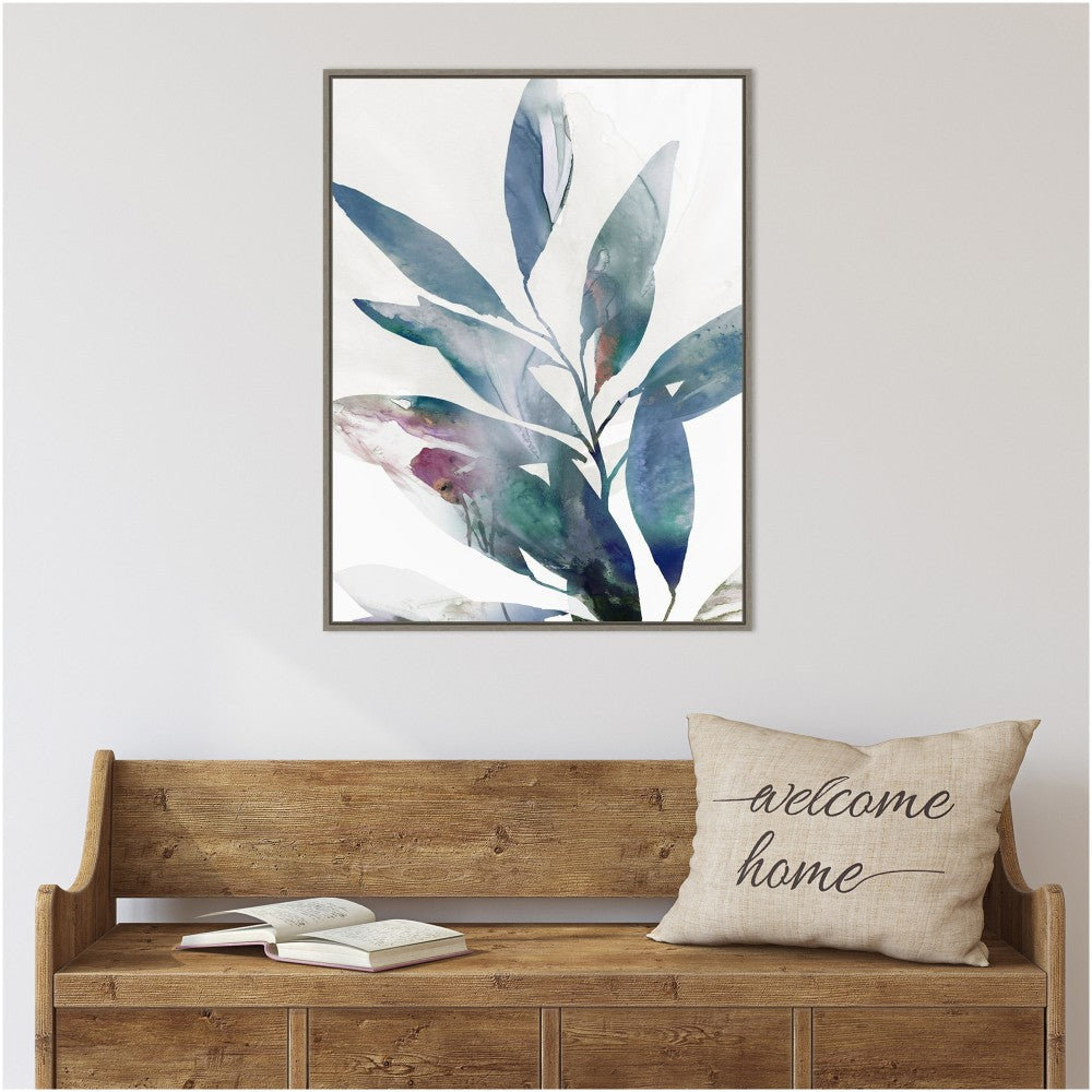 Amanti Art Indigo Sprig II (Leaves) by Isabelle Z Framed Canvas Wall Art Print, 23in x 30in, Graywash