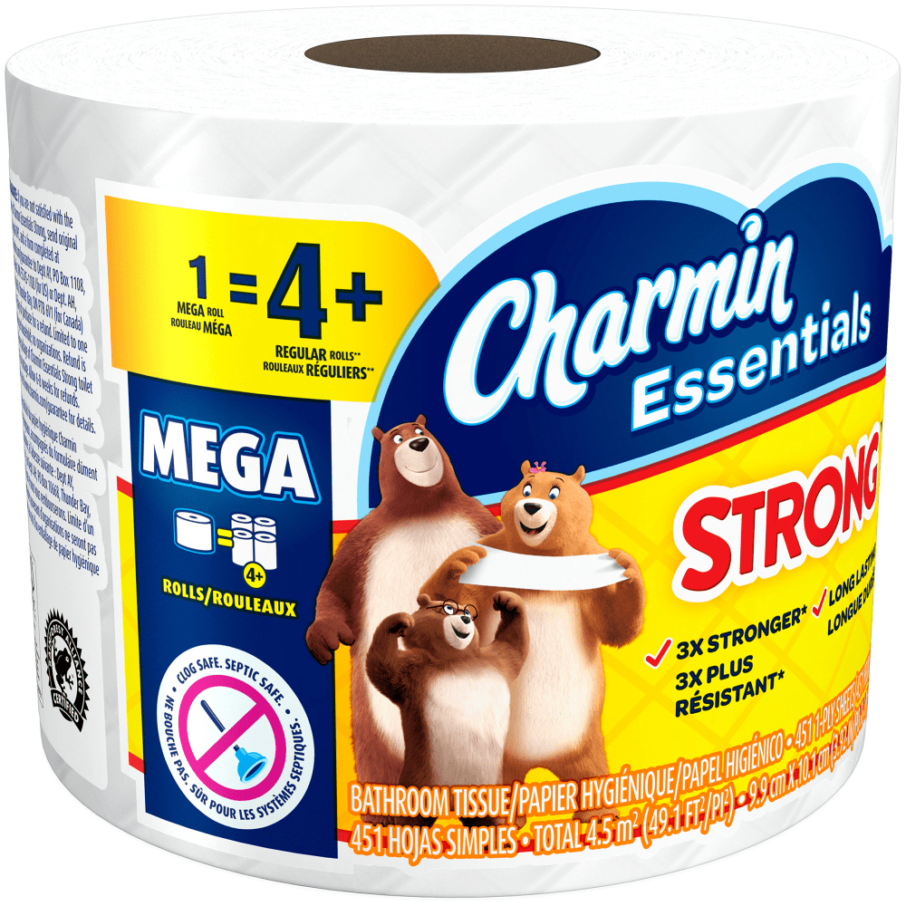 Charmin Essentials Strong 1-Ply Mega Roll Toilet Paper, 451 Sheets Per Roll, Pack Of 36 Rolls