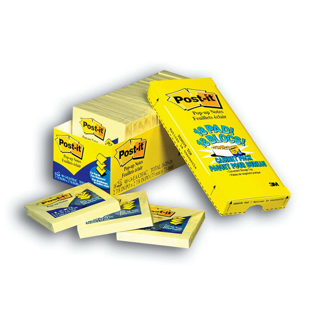 Post-it Pop-up Notes, 3in x 3in, Canary Yellow, 90 Sheets Per Pad, Pack Of 18 Pads