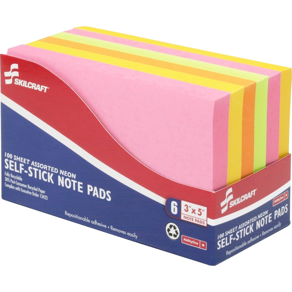 SKILCRAFT Self-Stick Note Pads, 600 Total Notes, Pack Of 6 Pads, 3in x 5in, Assorted Neon Colors, 100 Notes Per Pad (AbilityOne 7530-01-418-1420)