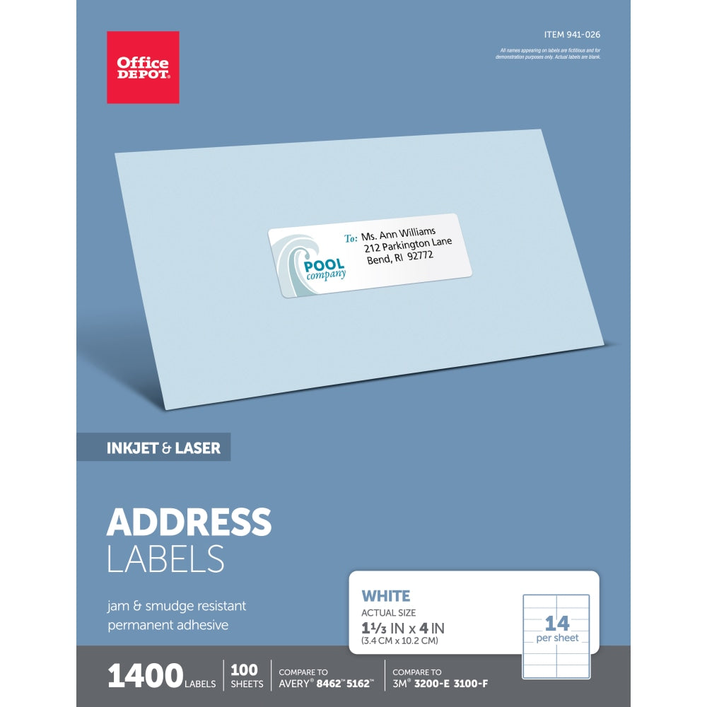 Office Depot Brand Inkjet/Laser Address Labels, Rectangle, 1 1/3in x 4in, White, Pack Of 1,400