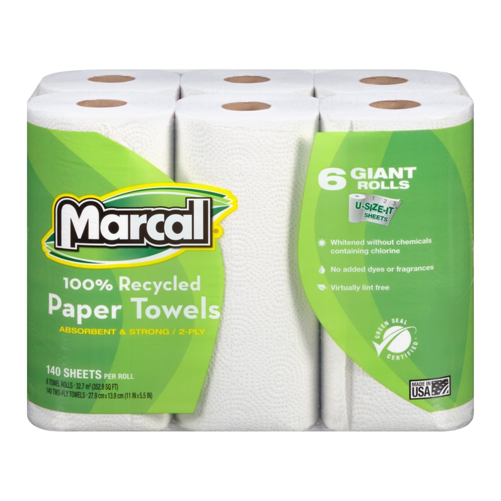 Marcal Small Steps U-Size-It 1-Ply Paper Towels, 100% Recycled, 140 Sheets Per Roll, Pack Of 6 Rolls