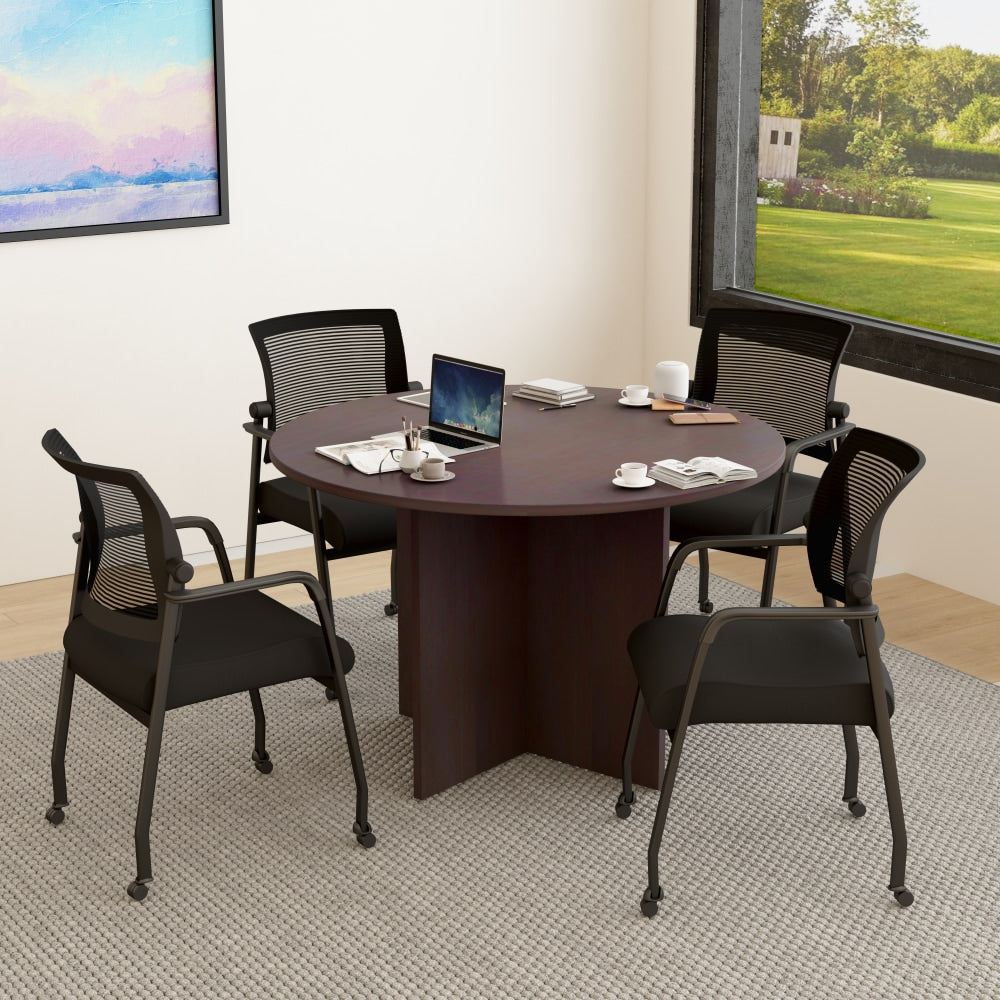 Boss Office Products 42in Round Table And Mesh Guest Chairs With Casters Set, Mocha/Black