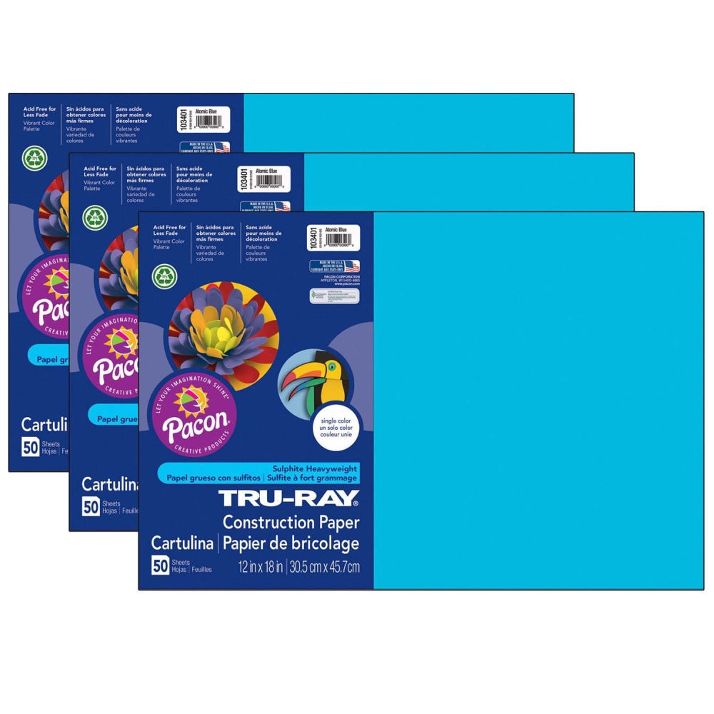 Tru-Ray Construction Paper, 12in x 18in, Atomic Blue, 50 Sheets Per Pack, Set Of 3 Packs