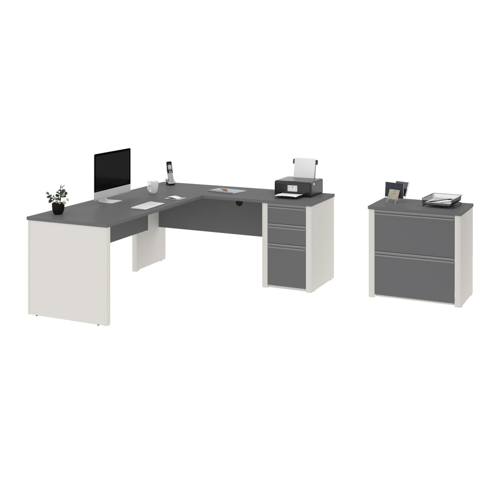 Bestar Connexion 72inW L-Shaped Corner Desk With Lateral File Cabinet, Slate/Sandstone