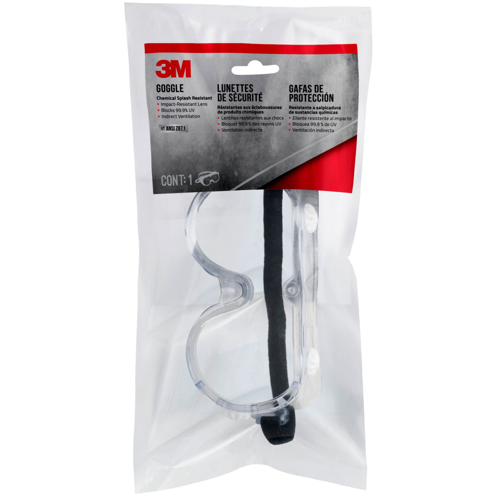 3M Goggle Chemical Splash, 91252H1-DC-10, Black Strap, Clear Lens