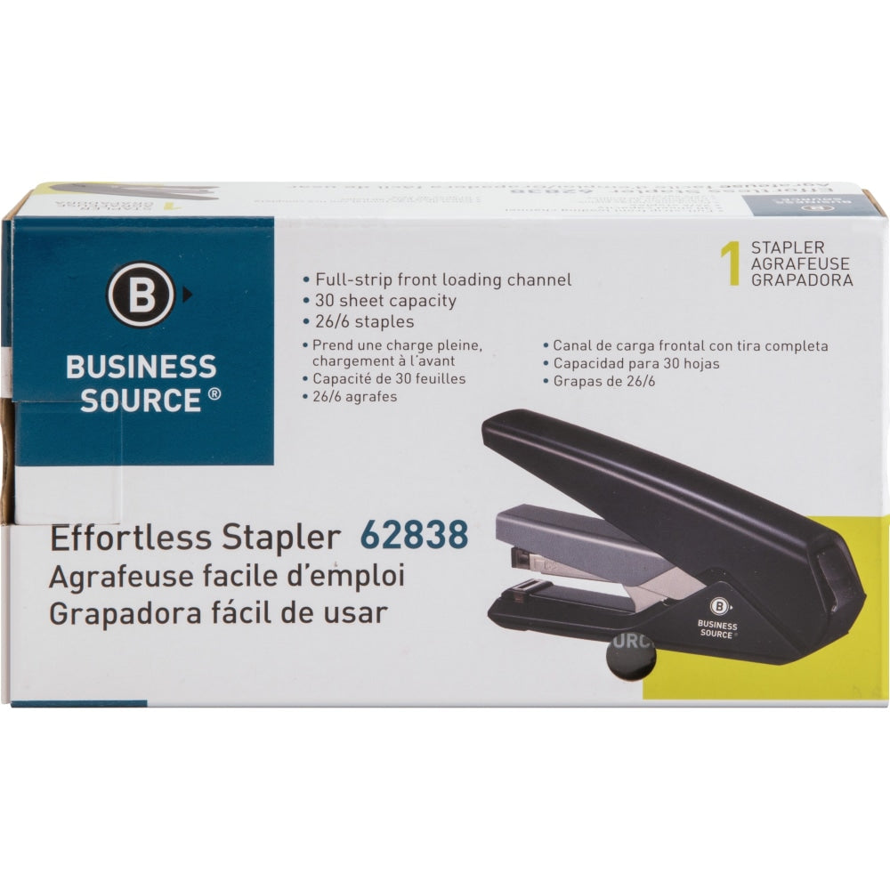 Business Source Full Strip Flat-Clinch Stapler - 30 of 20lb Paper Sheets Capacity - 210 Staple Capacity - Full Strip - 1/4in Staple Size - 1 Each - Black