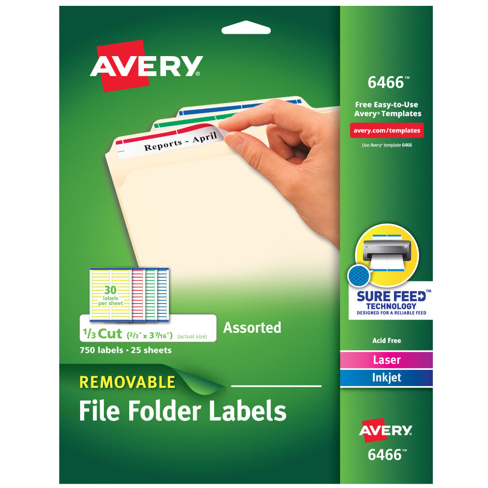 Avery Removable File Folder Labels, Laser, 6466, 2/3in x 3 7/16in, Assorted Colors, Box Of 750