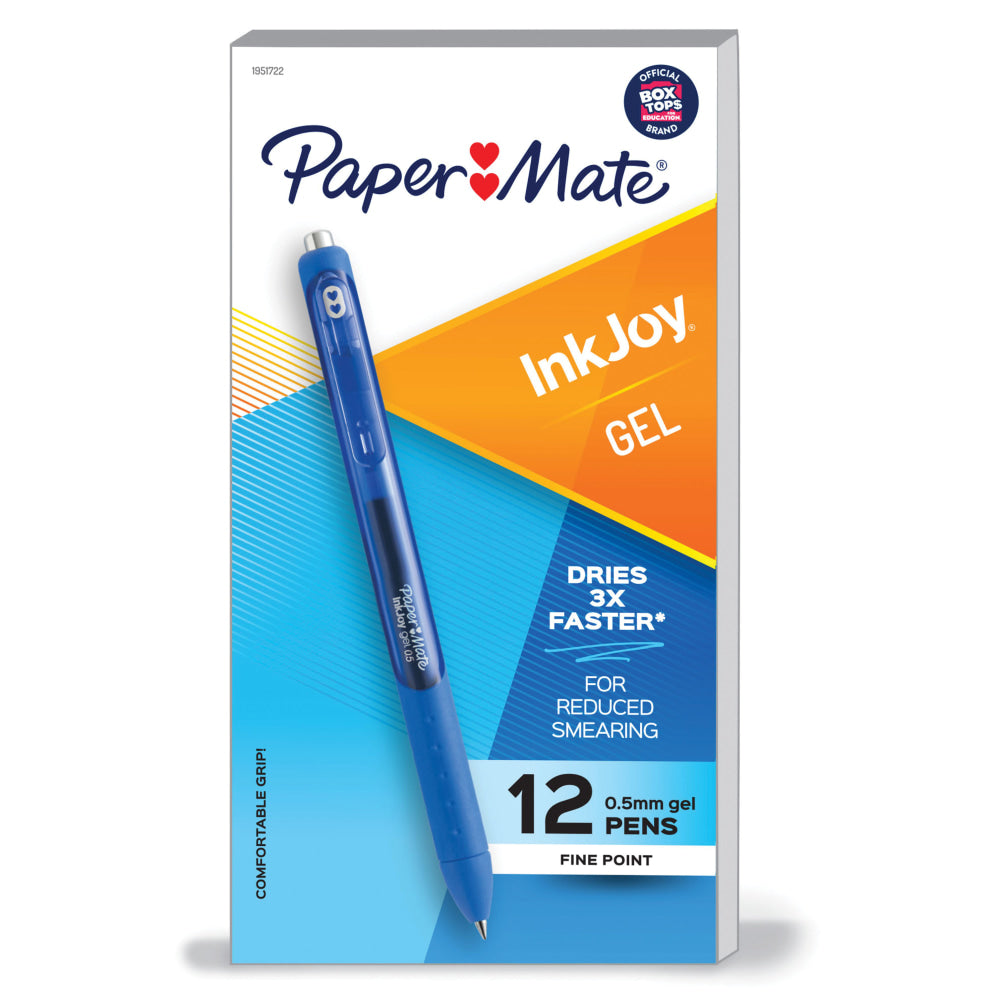 Paper Mate InkJoy Retractable Gel Pens, Fine Point, 0.5mm, Blue Barrel, Blue Ink, Pack Of 12