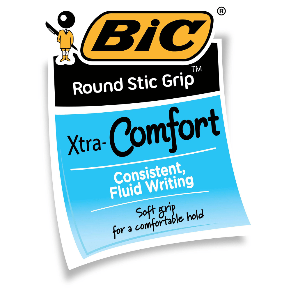 BIC Round Stic Grip Xtra Comfort Ballpoint Pens, Medium Point, 1.2 mm, Gray Barrel, Black Ink, Pack Of 12 Pens