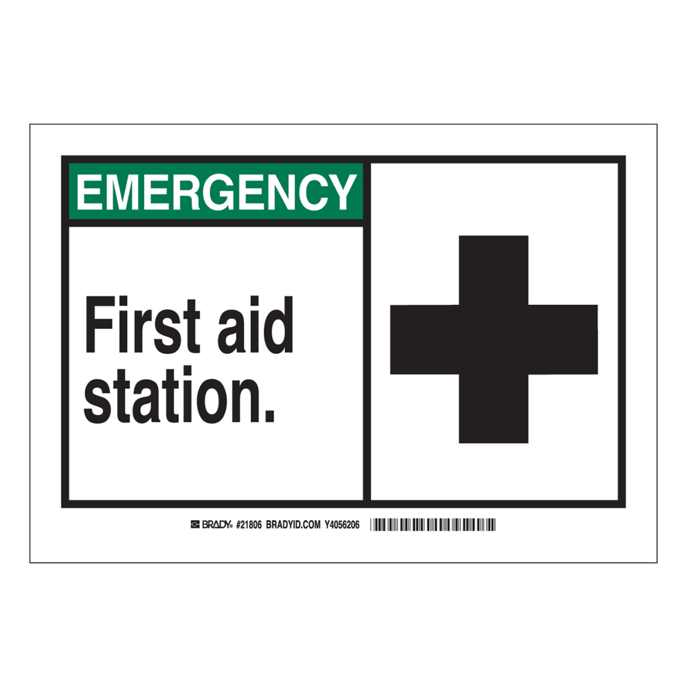 Brady "EMERGENCY First Aid Station" Sign, 7in x 10in, Multicolor