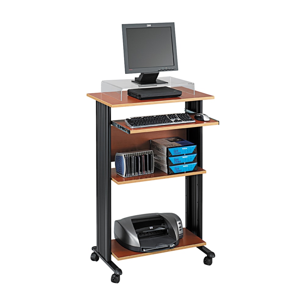 Safco Muv 30inW Fixed Height Stand-Up Mobile Workstation With 2-Shelves and Keyborad Tray, Cherry/Black