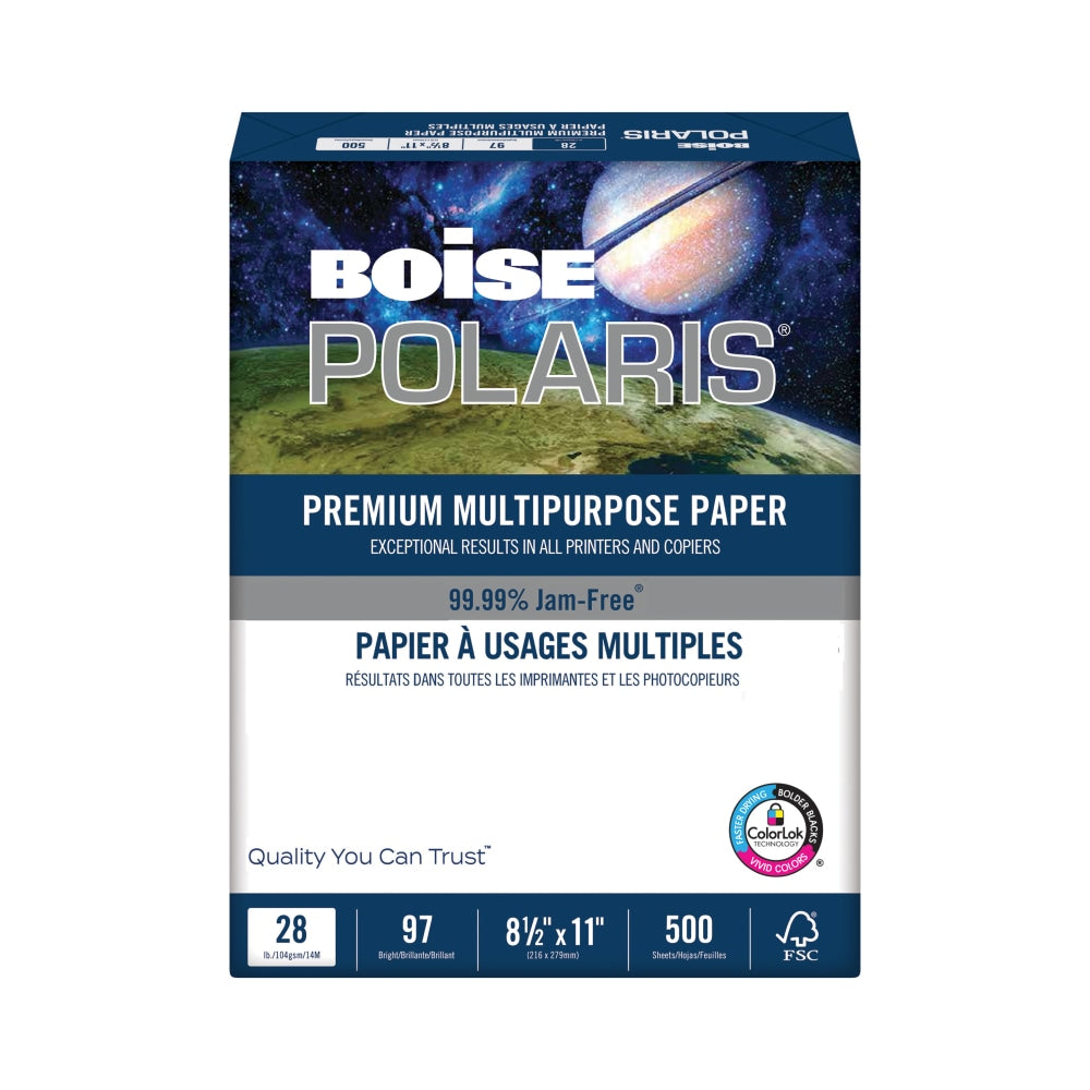 Boise POLARIS Premium Multi-Use Printer & Copy Paper, White, Letter (8.5in x 11in), 500 Sheets Per Ream, 28 Lb, 92 Brightness, FSC Certified