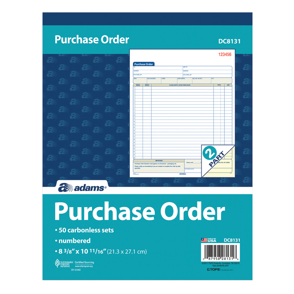 Adams Carbonless Purchase Order Book, 8 3/8in x 10 11/16in, 2-Part, 50 Set Pad