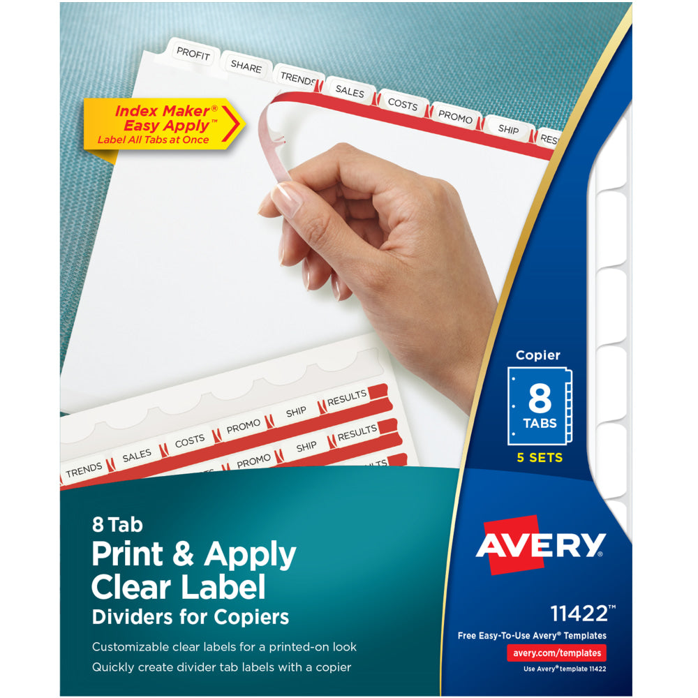 Avery Print & Apply Clear Label Dividers With Index Maker Easy Apply Printable Label Strip for Copiers, 8-1/2in x 11in, 8-Tab, White, Pack of 5 Sets