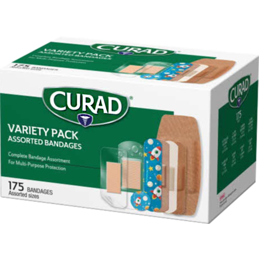 CURAD Bandage Variety Pack, Assorted Sizes/Styles, 175 Bandages Per Box, Case Of 24 Boxes