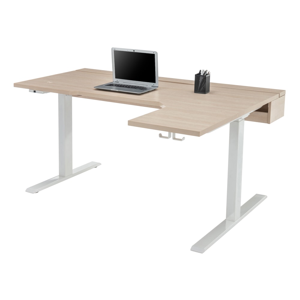 Realspace Koru Electric 59inW L-Shaped Height-Adjustable Standing Desk with Integrated Power & Charging, Natural Oak