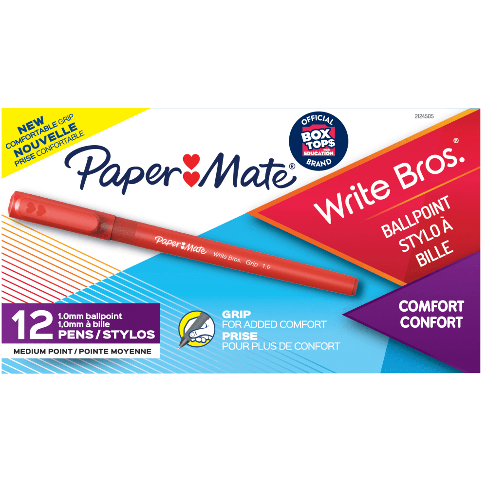 Paper Mate Write Bros Grip Ballpoint Pens, Medium Point, 1.0 mm, Red Barrel, Red Ink, Pack Of 12 Pens