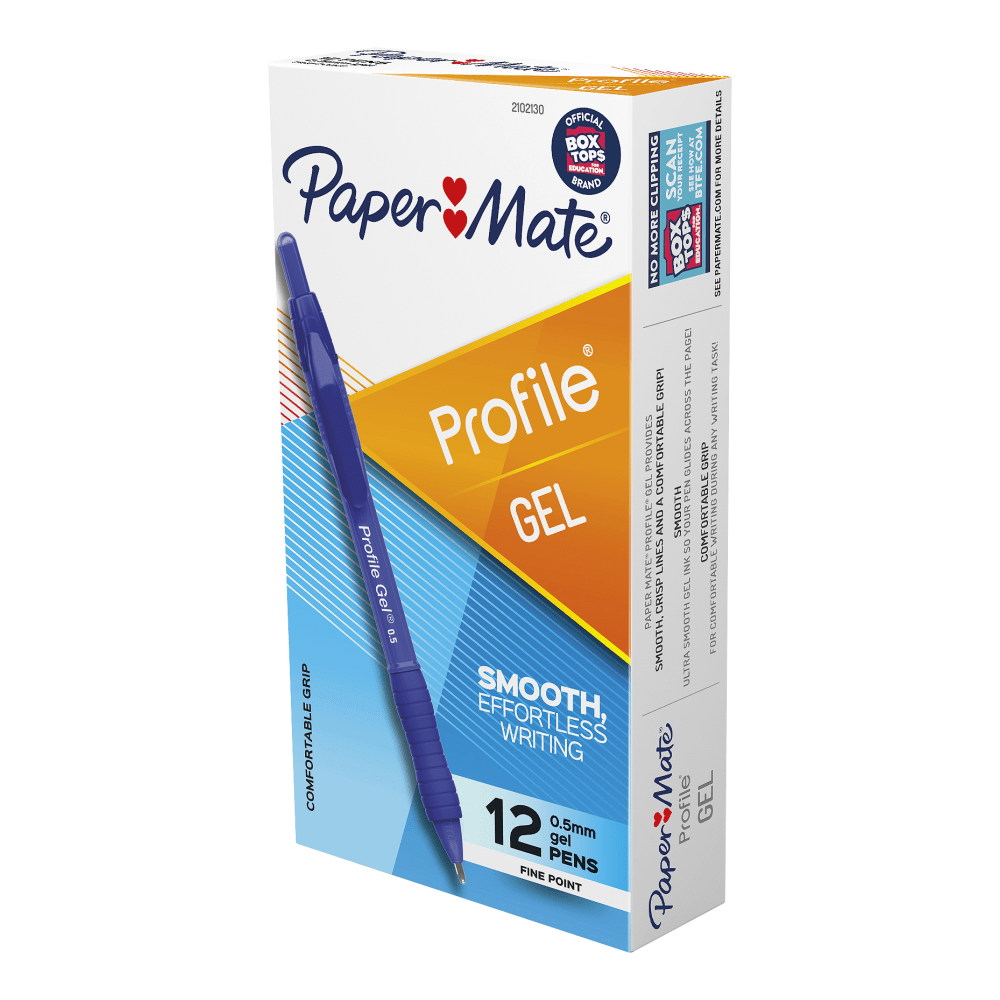 Paper Mate Profile Gel Retractable Pens, Fine Point, 0.5 mm, Blue Barrel, Blue Ink, Pack Of 12 Pens