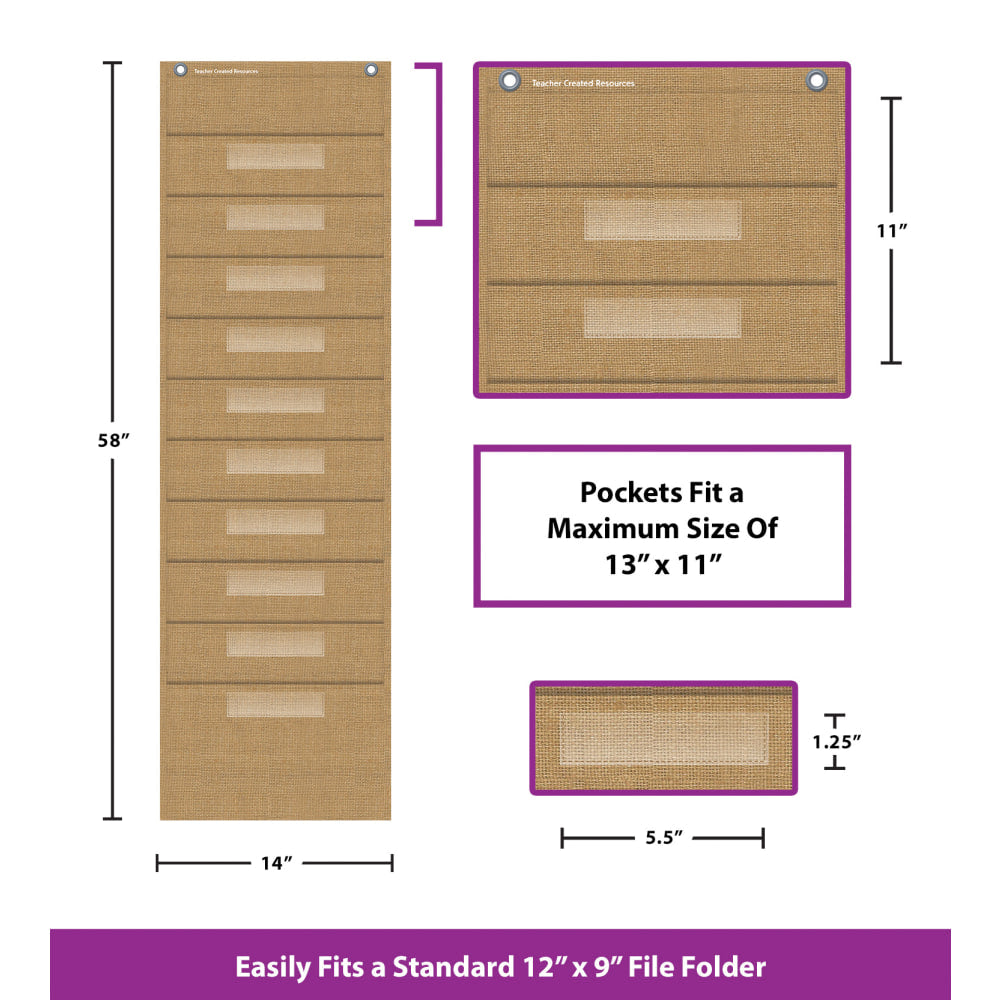 Teacher Created Resources File Storage Pocket Chart With 10 Pockets, 14in x 58in, Burlap