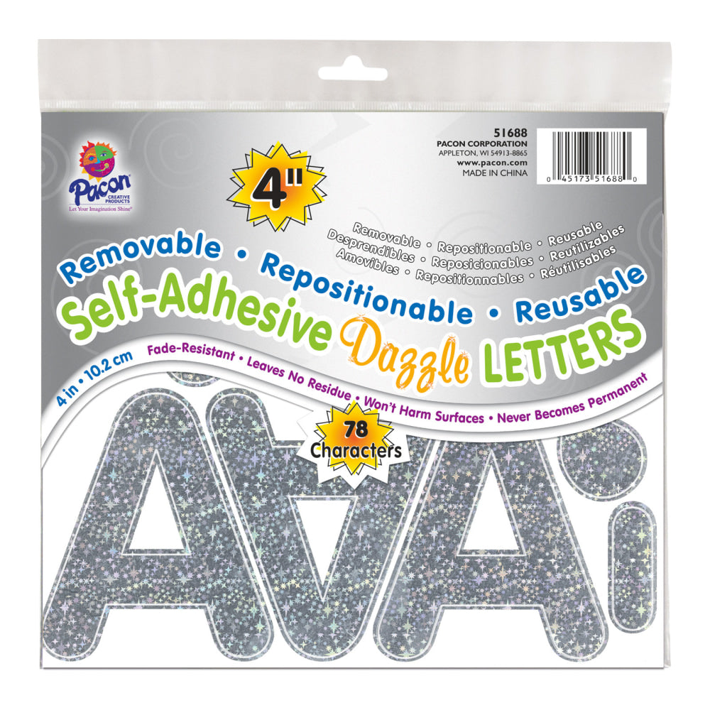 Pacon Self-Adhesive Letters, 4in, Puffy Font, Silver Dazzle, 78 Per Pack, Set Of 2 Packs