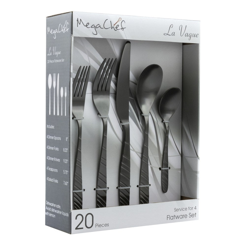 MegaChef La Vague 20-Piece Stainless-Steel Flatware Set, Matte Black