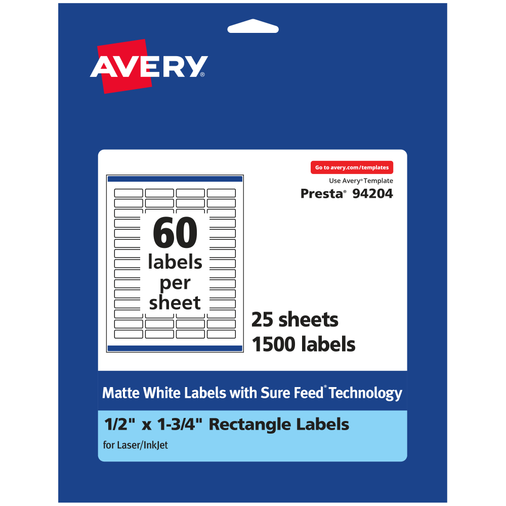 Avery Permanent Labels With Sure Feed, 94204-WMP25, Rectangle, 1/2in x 1-3/4in, White, Pack Of 1,500