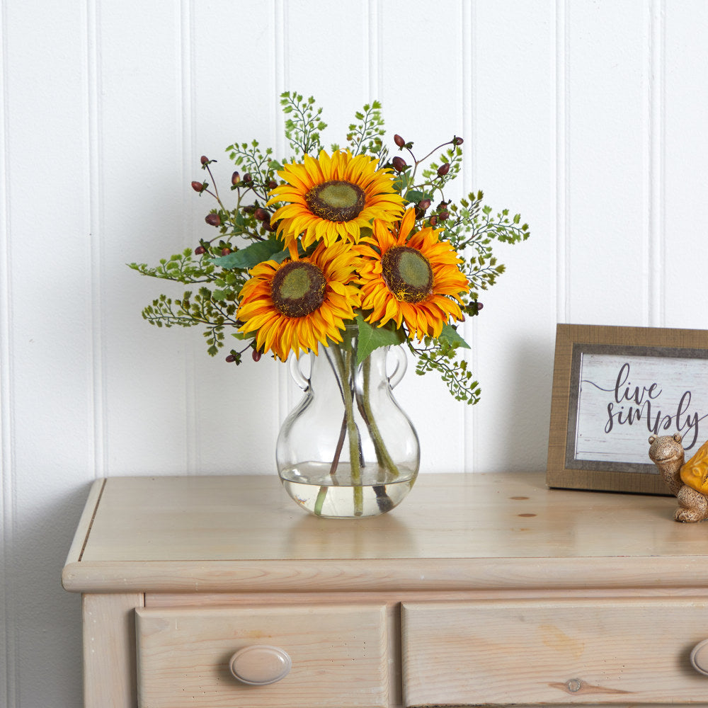 Nearly Natural Sunflower 16inH Artificial Floral Arrangement With Vase, 16inH x 15inW x 10inD, Yellow