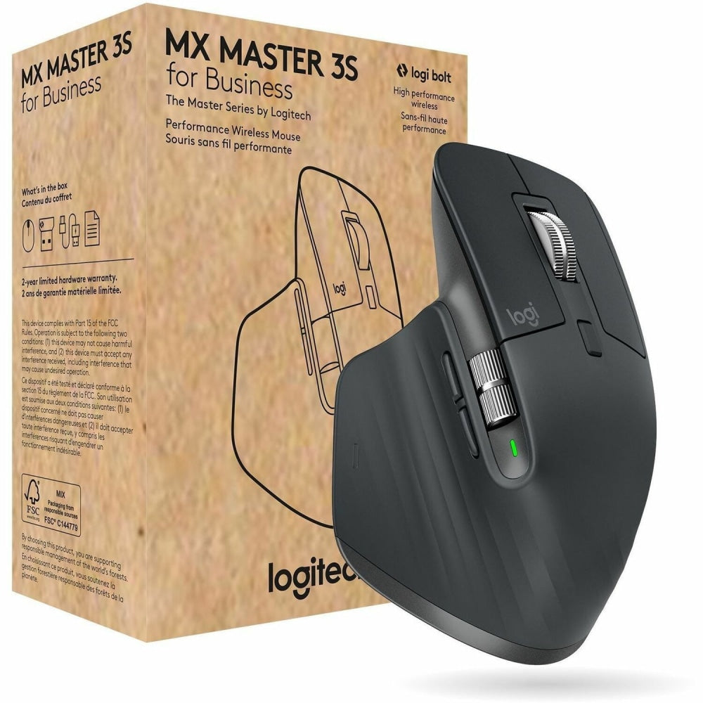 Logitech MX Master 3S for Business, Wireless Mouse with Quiet Clicks, 8K DPI, Logi Bolt USB Receiver, Graphite - Full-size Mouse - Darkfield - Wireless - Bluetooth - Rechargeable - Graphite - USB Type A - 8000 dpi - Scroll Wheel - 7 Button(s)