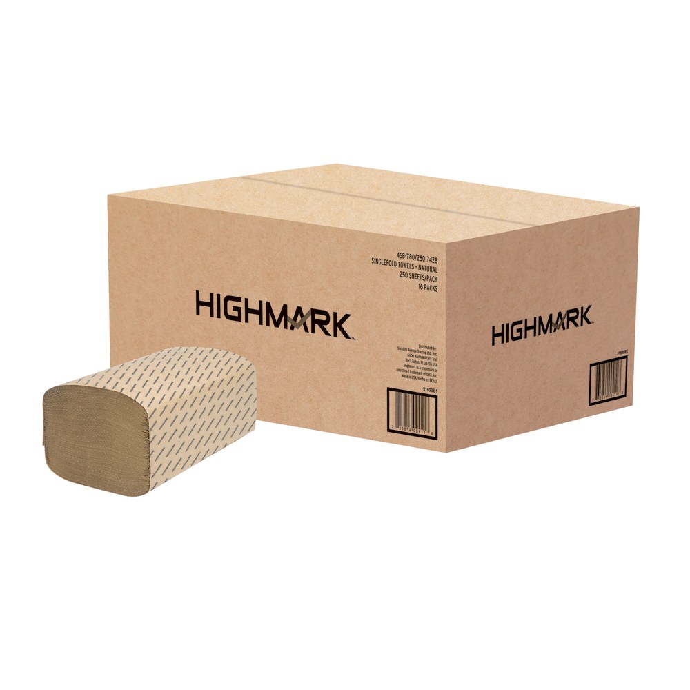 Highmark ECO Single-Fold 1-Ply Paper Towels, 100% Recycled, Natural, 250 Sheets Per Roll, Pack Of 16 Rolls