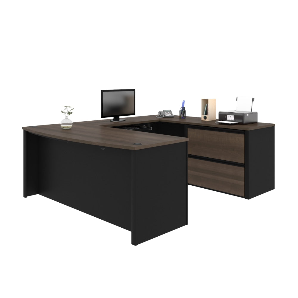 Bestar Connexion 72inW U-Shaped Executive Computer Desk With Lateral File Cabinet, Antigua/Black