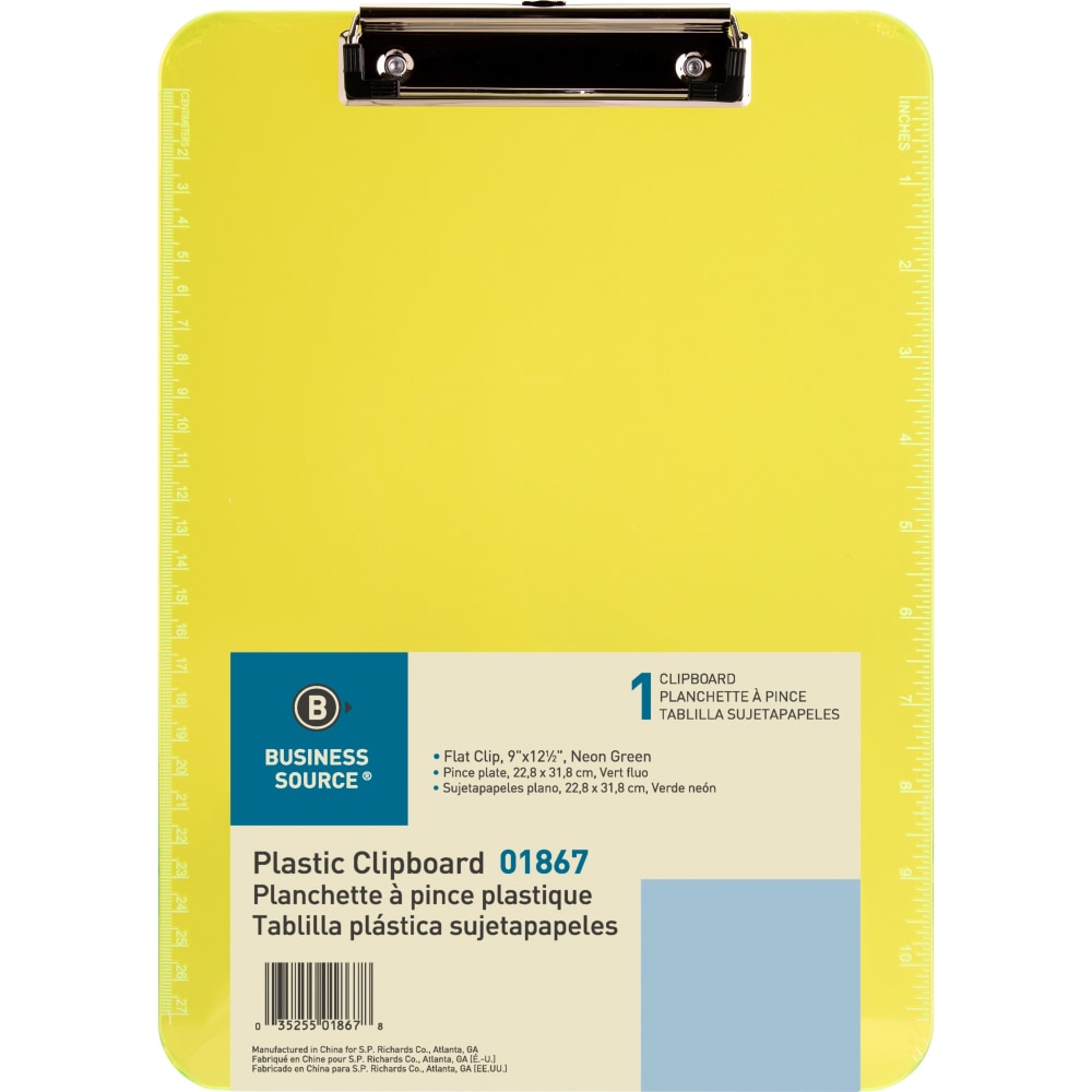 Sparco Plastic Clipboard With Flat Clip, 8 1/2in x 11in, Neon Green