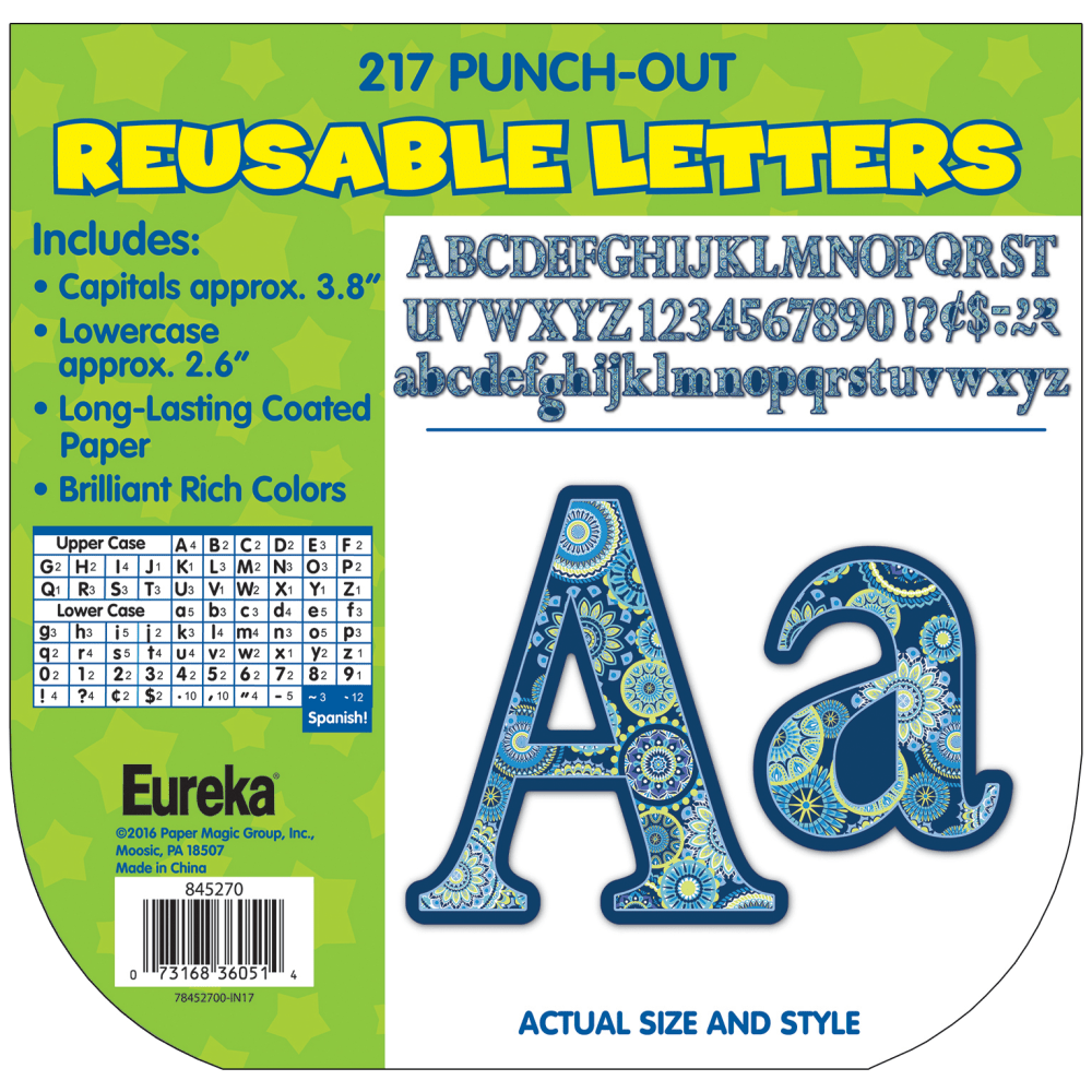 Eureka Reusable Punch-Out Deco Letters, 4in, Blue Harmony, 217 Letters Per Pack, Set Of 3 Packs