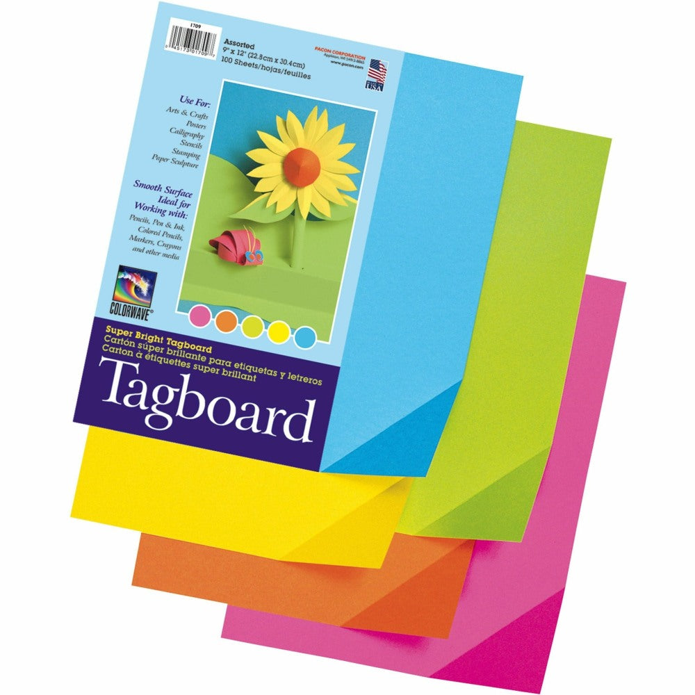 Pacon Colorwave Super Bright Tag Board, 9in x 12in, Assorted Colors, Pack Of 100