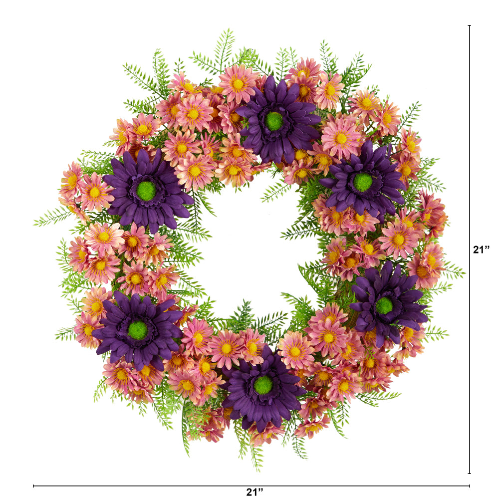 Nearly Natural Mixed Daisy 21inH Artificial Wreath, Purple