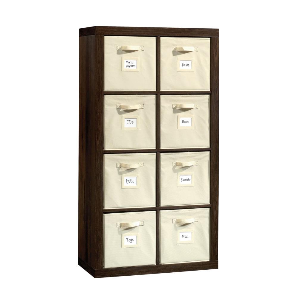 Sauder Stow-Away 8-Cube Organizer With Fabric Bins, 57-7/8inH x 30-7/8inW x 15-3/8inD, Smoked Oak