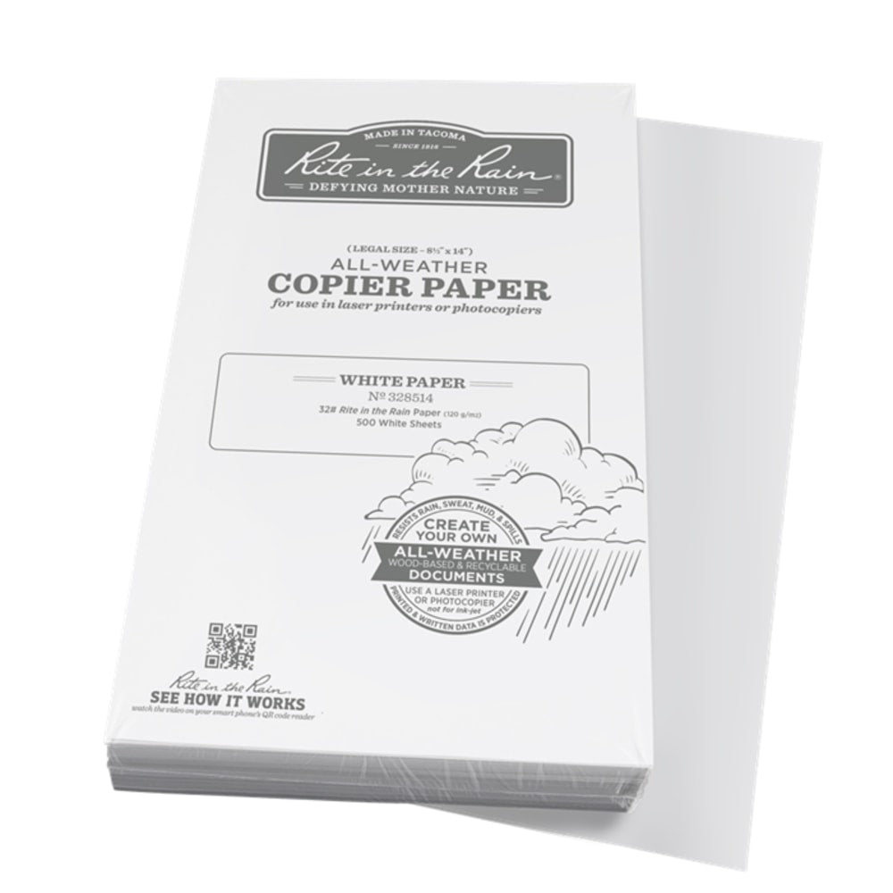 Rite in the Rain All-Weather Multi-Use Printer & Copy Paper, White, Legal (8.5in x 14in), 500 Sheets Per Ream, 20 Lb, 84 Brightness