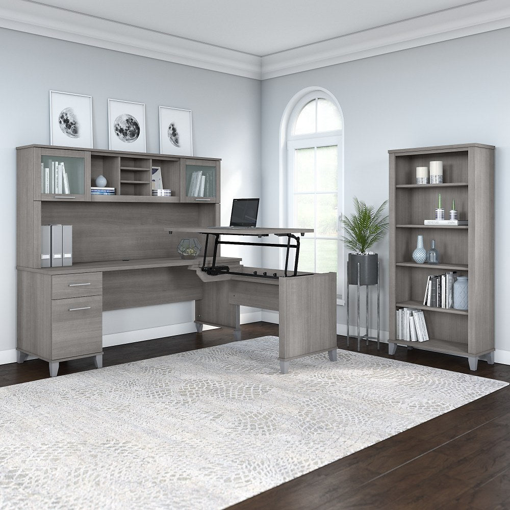 Bush Furniture Somerset 72inW 3-Position Sit-To-Stand L-Shaped Desk With Hutch And Bookcase, Platinum Gray, Standard Delivery