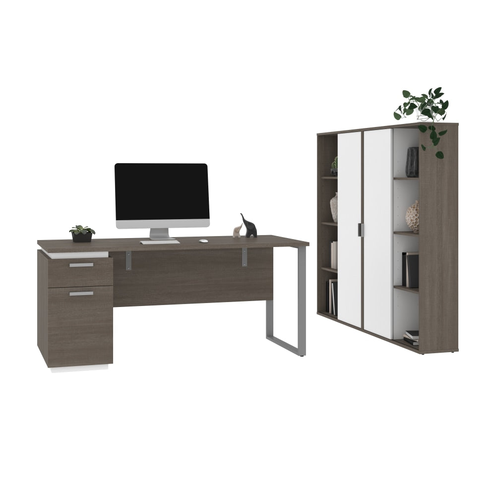 Bestar Aquarius 66inW Computer Desk With Single Pedestal And 2 Storage Cabinets, Bark Gray/White